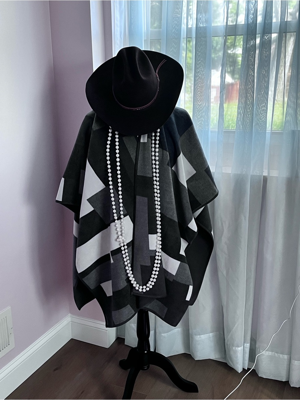 “Wrap and Warm”. Black & Gray Geometric Poncho !!